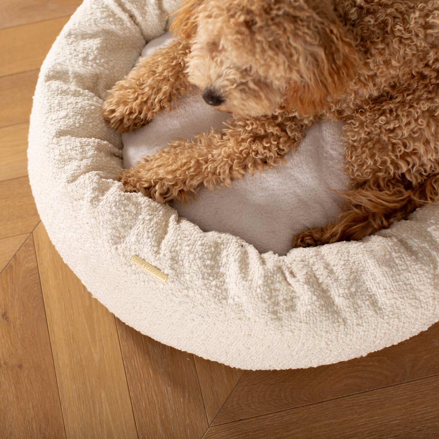 Discover Our Handmade Luxury Donut Dog Bed, In  Ivory Bouclé, The Perfect Choice For Puppies Available Now at Lords & Labradors