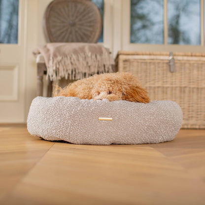 Discover Our Handmade Luxury Donut Dog Bed, In  Mink Bouclé, The Perfect Choice For Puppies Available Now at Lords & Labradors