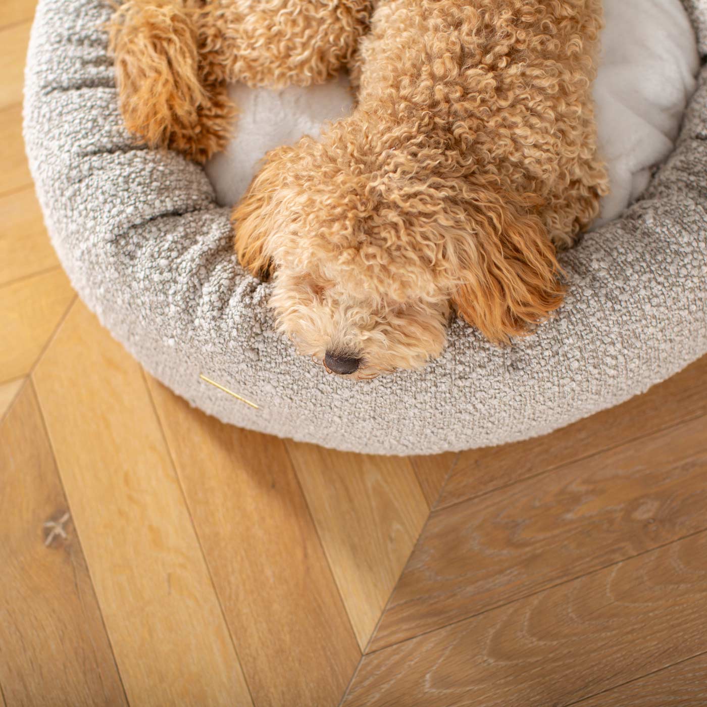 Discover Our Handmade Luxury Donut Dog Bed, In  Mink Bouclé, The Perfect Choice For Puppies Available Now at Lords & Labradors