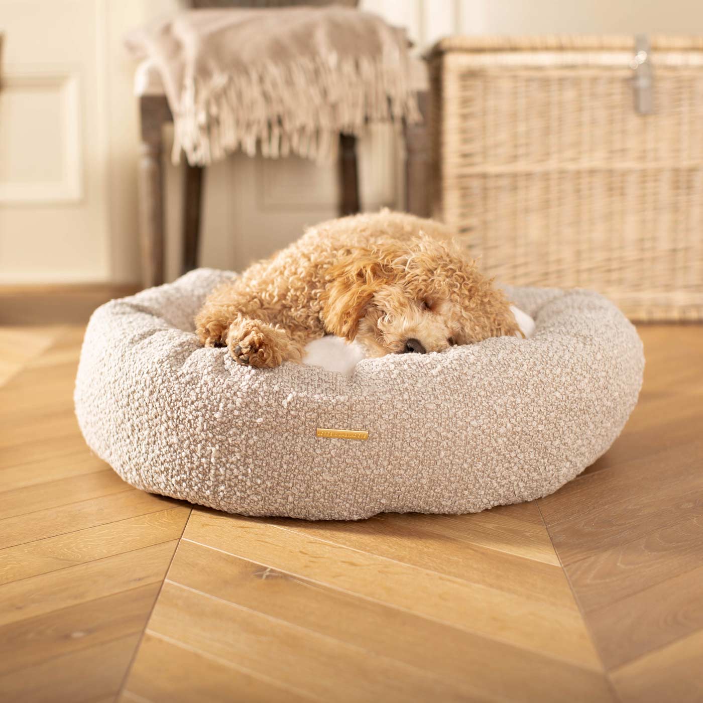 Discover Our Handmade Luxury Donut Dog Bed, In  Mink Bouclé, The Perfect Choice For Puppies Available Now at Lords & Labradors