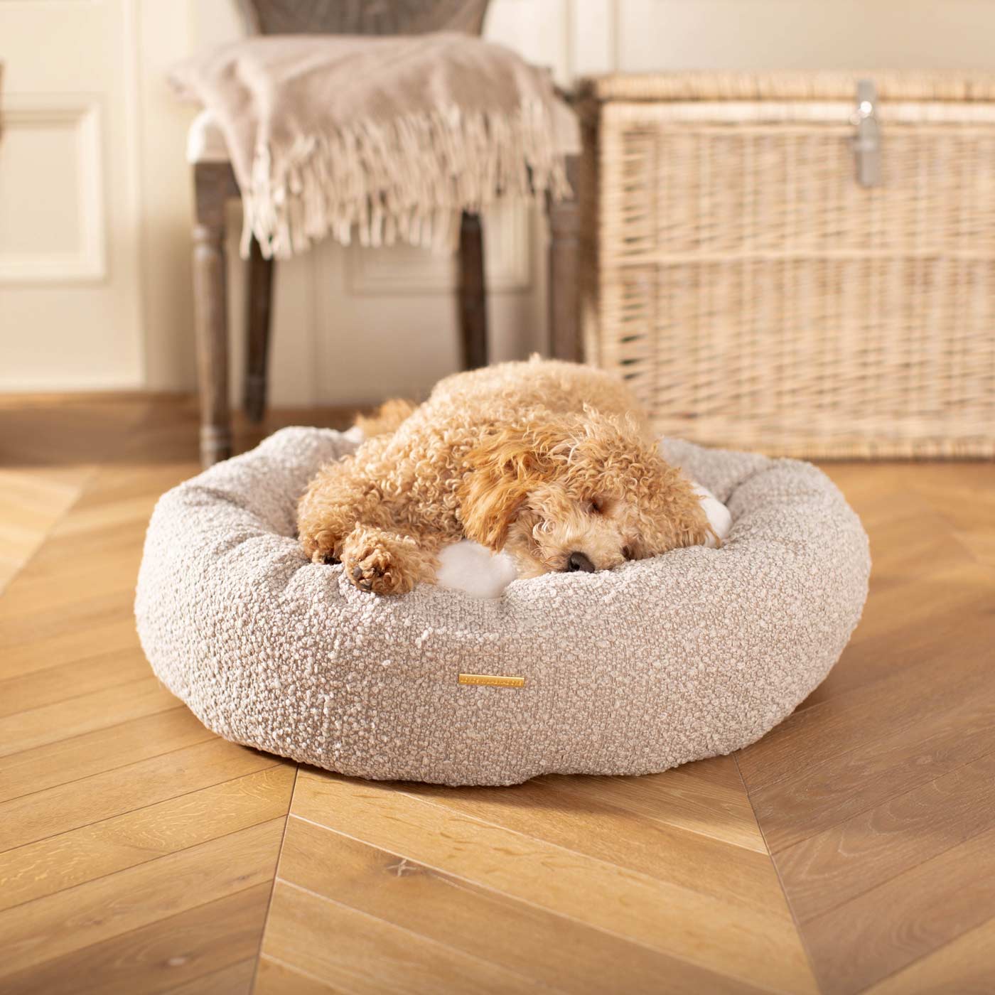 Discover Our Handmade Luxury Donut Dog Bed, In  Mink Bouclé, The Perfect Choice For Puppies Available Now at Lords & Labradors