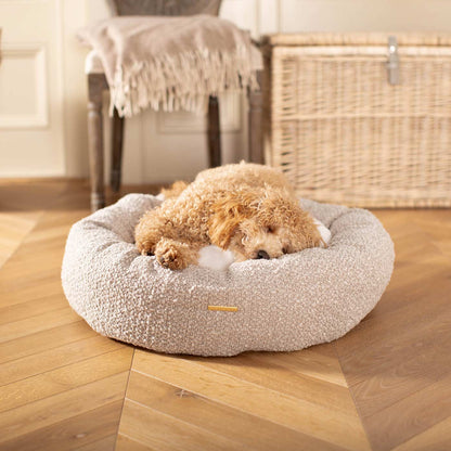 Discover Our Handmade Luxury Donut Dog Bed, In  Mink Bouclé, The Perfect Choice For Puppies Available Now at Lords & Labradors