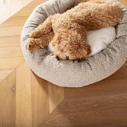 Discover Our Handmade Luxury Donut Dog Bed, In  Mink Bouclé, The Perfect Choice For Puppies Available Now at Lords & Labradors