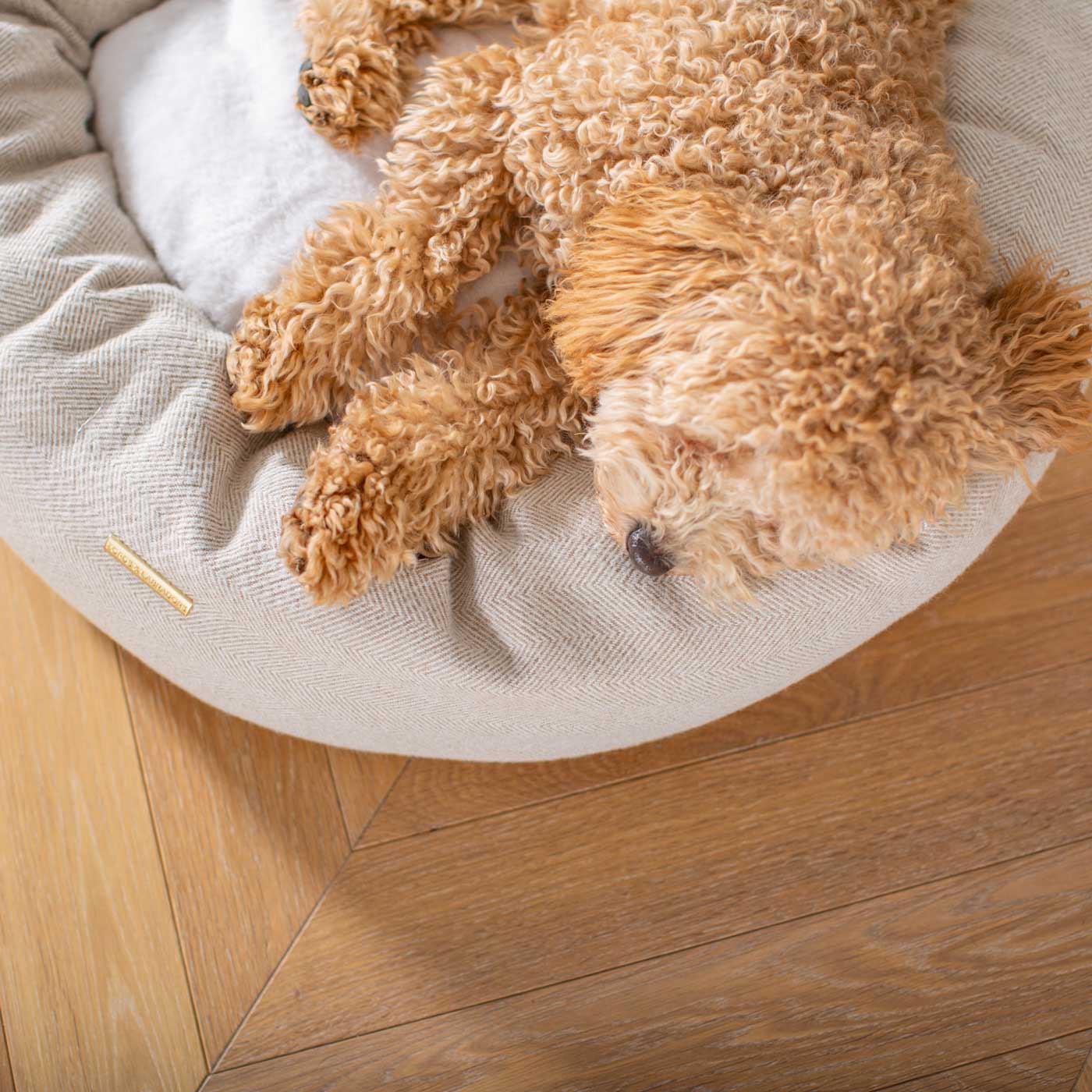 Discover Our Handmade Luxury Donut Dog Bed, In Natural Herringbone Tweed, The Perfect Choice For Puppies Available Now at Lords & Labradors