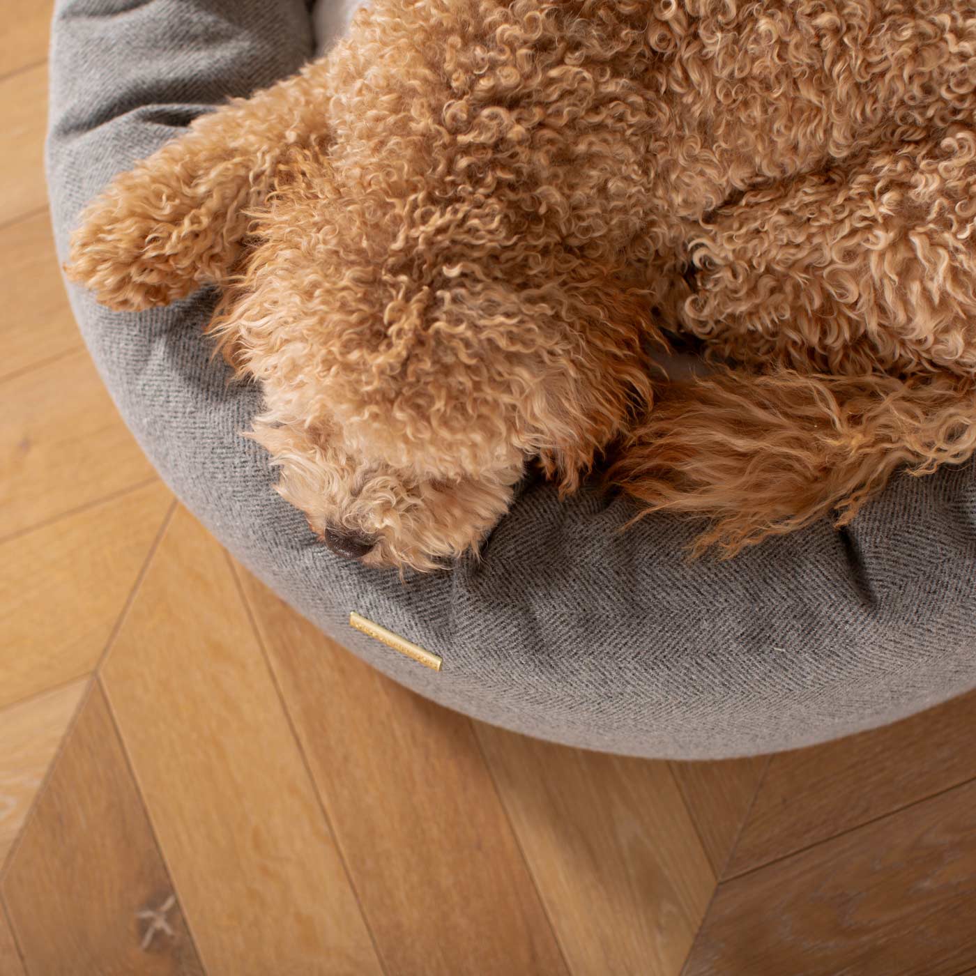 Discover Our Handmade Luxury Donut Dog Bed, In Pewter Herringbone Tweed, The Perfect Choice For Puppies Available Now at Lords & Labradors 