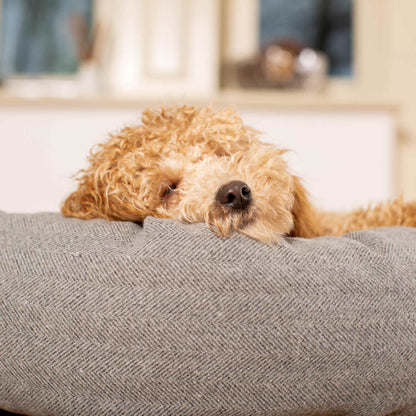 Discover Our Handmade Luxury Donut Dog Bed, In Pewter Herringbone Tweed, The Perfect Choice For Puppies Available Now at Lords & Labradors 