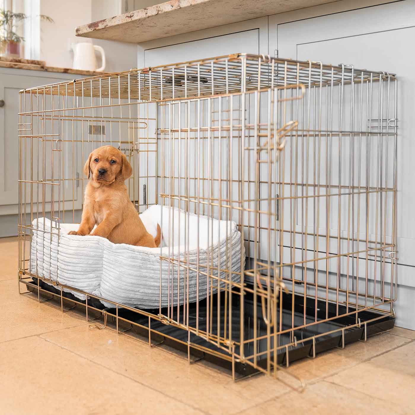  Cosy & Calm Puppy Crate Bed, The Perfect Dog Crate Accessory For The Ultimate Dog Den! In Stunning Light Grey Essentials Plush! Available Now at Lords & Labradors