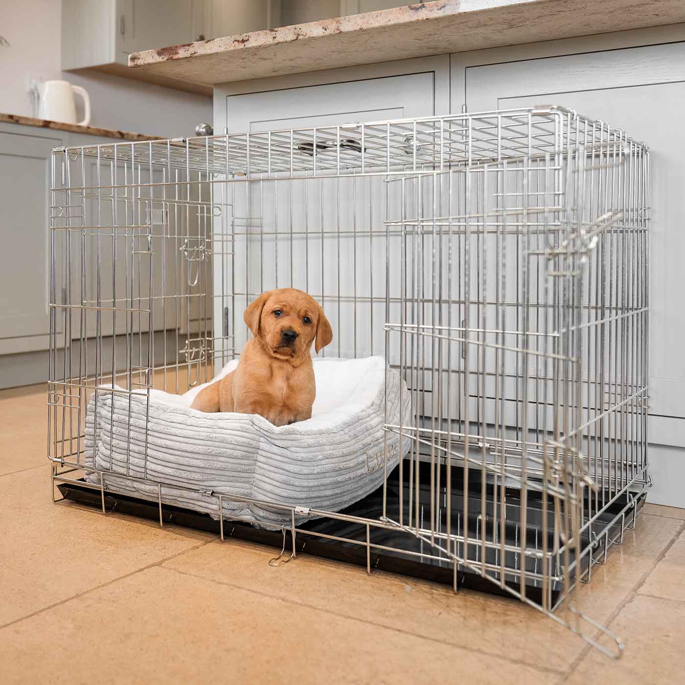  Cosy & Calm Puppy Crate Bed, The Perfect Dog Crate Accessory For The Ultimate Dog Den! In Stunning Light Grey Essentials Plush! Available Now at Lords & Labradors