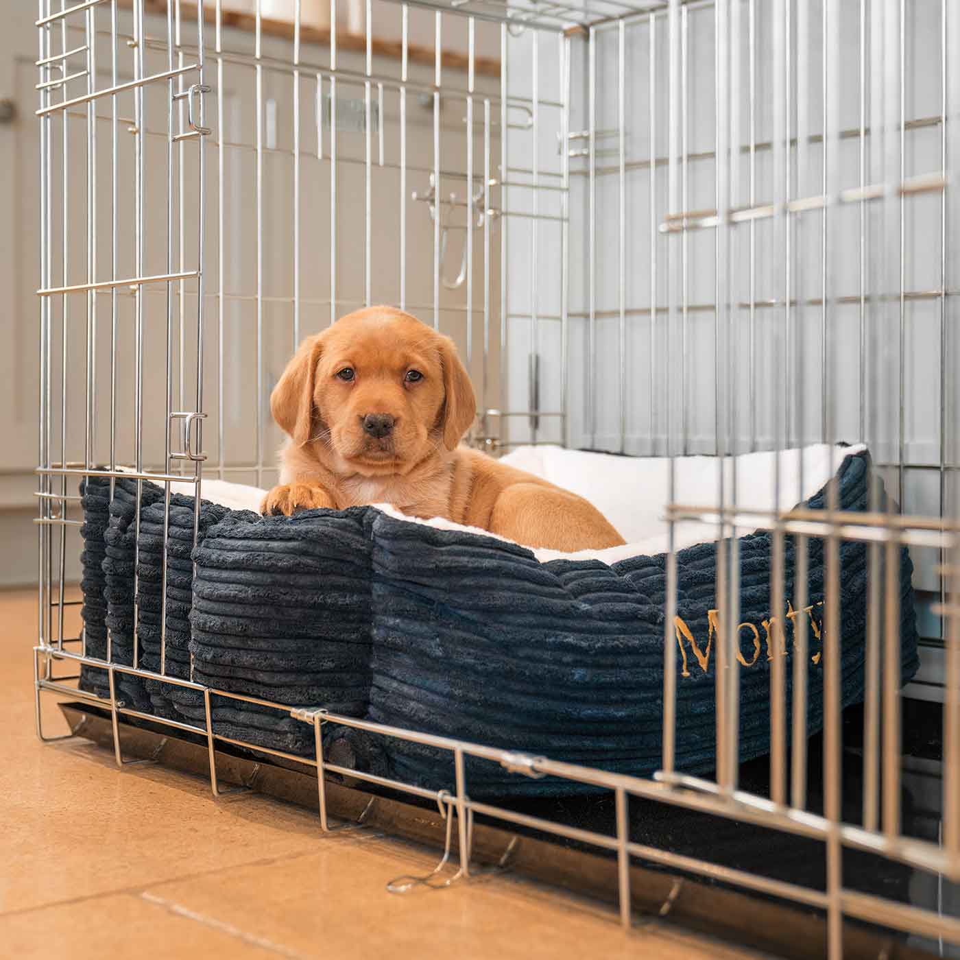  Cosy & Calm Puppy Crate Bed, The Perfect Dog Crate Accessory For The Ultimate Dog Den! In Stunning Navy Essentials Plush! Available To Personalise at Lords & Labradors 