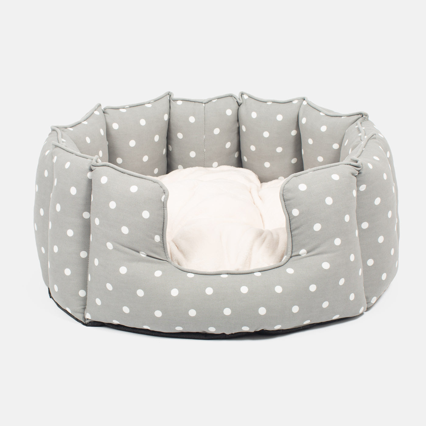 Discover Our Luxurious High Wall Bed For Dogs & Puppies, Featuring Reversible Inner Cushion With Teddy Fleece To Craft The Perfect Dog Bed In Stunning Grey Spot! Available To Personalise Now at Lords & Labradors 