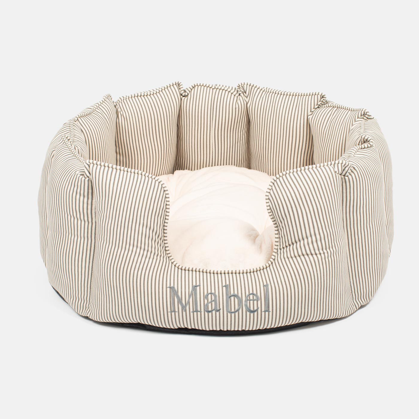 Discover Our Luxurious High Wall Bed For Dogs & Puppies, Featuring Reversible Inner Cushion With Teddy Fleece To Craft The Perfect Dog Bed In Stunning Regency Stripe! Available To Personalise Now at Lords & Labradors 