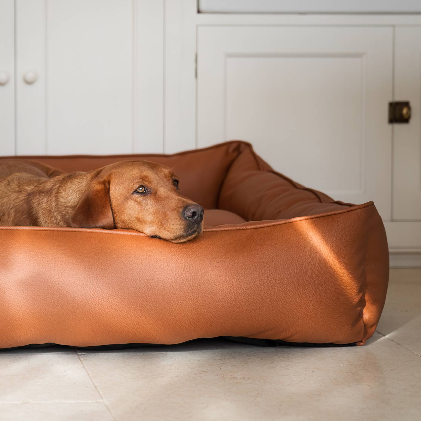 Luxury Handmade Box Bed in Rhino Tough Faux Leather, in Ember, Perfect For Your Pets Nap Time! Available To Personalise at Lords & Labradors