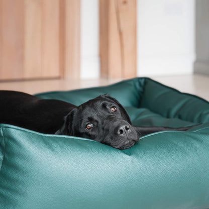 Luxury Handmade Box Bed in Rhino Tough Faux Leather, in Forest Green, Perfect For Your Pets Nap Time! Available To Personalise at Lords & Labradors