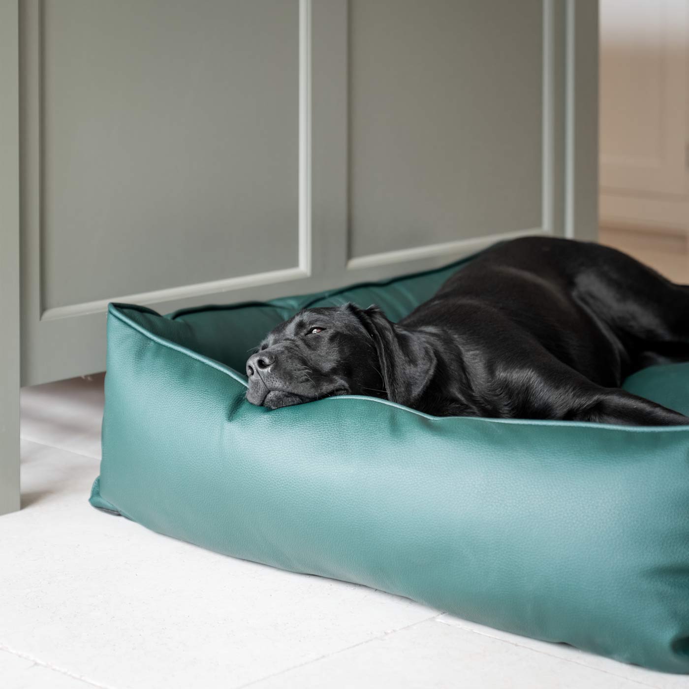 Luxury Handmade Box Bed in Rhino Tough Faux Leather, in Forest Green, Perfect For Your Pets Nap Time! Available To Personalise at Lords & Labradors