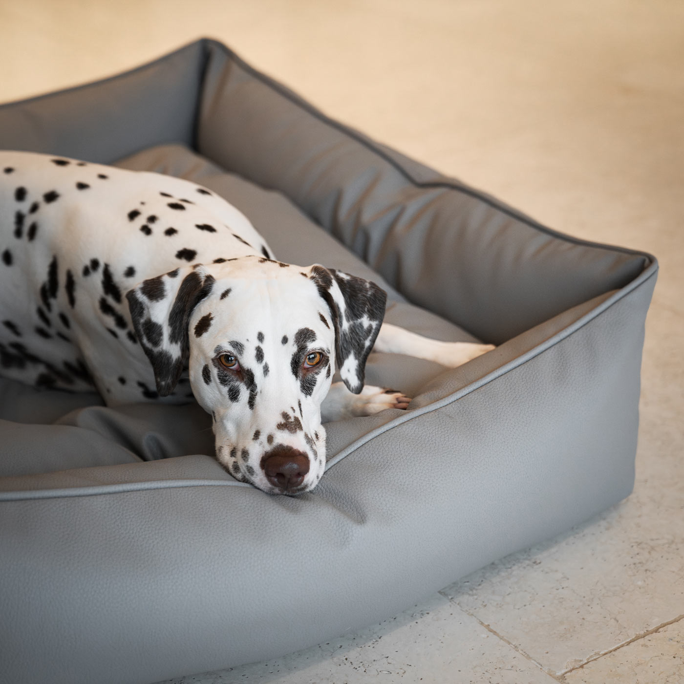 Luxury Handmade Box Bed in Rhino Tough Faux Leather, in Granite, Perfect For Your Pets Nap Time! Available To Personalise at Lords & Labradors