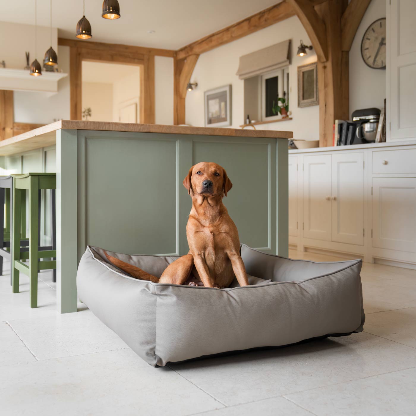 Luxury Handmade Box Bed in Rhino Tough Faux Leather, in Camel, Perfect For Your Pets Nap Time! Available To Personalise at Lords & Labradors