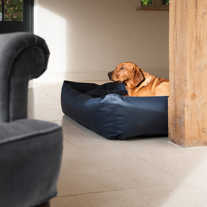 Luxury Handmade Box Bed in Rhino Tough Faux Leather, in Pacific, Perfect For Your Pets Nap Time! Available To Personalise at Lords & Labradors