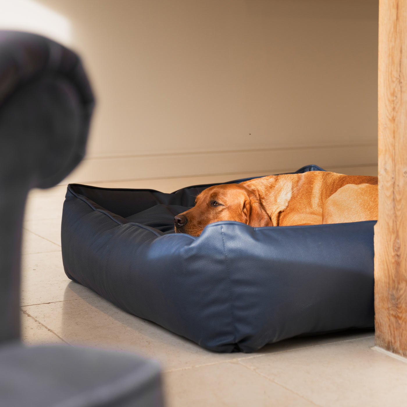 Luxury Handmade Box Bed in Rhino Tough Faux Leather, in Pacific, Perfect For Your Pets Nap Time! Available To Personalise at Lords & Labradors