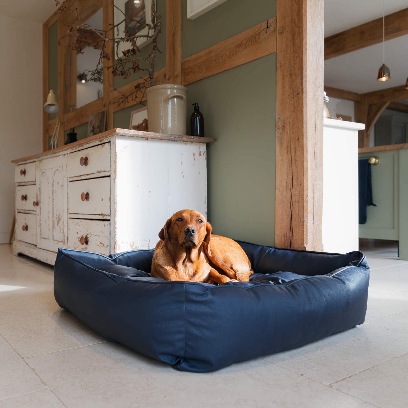 Luxury Handmade Box Bed in Rhino Tough Faux Leather, in Pacific, Perfect For Your Pets Nap Time! Available To Personalise at Lords & Labradors