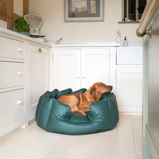 Luxury Handmade High Wall in Rhino Tough Faux Leather, in Forest Green, Perfect For Your Pets Nap Time! Available To Personalise at Lords & Labradors