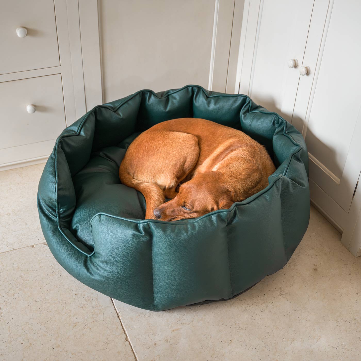 Luxury Handmade High Wall in Rhino Tough Faux Leather, in Forest Green, Perfect For Your Pets Nap Time! Available To Personalise at Lords & Labradors