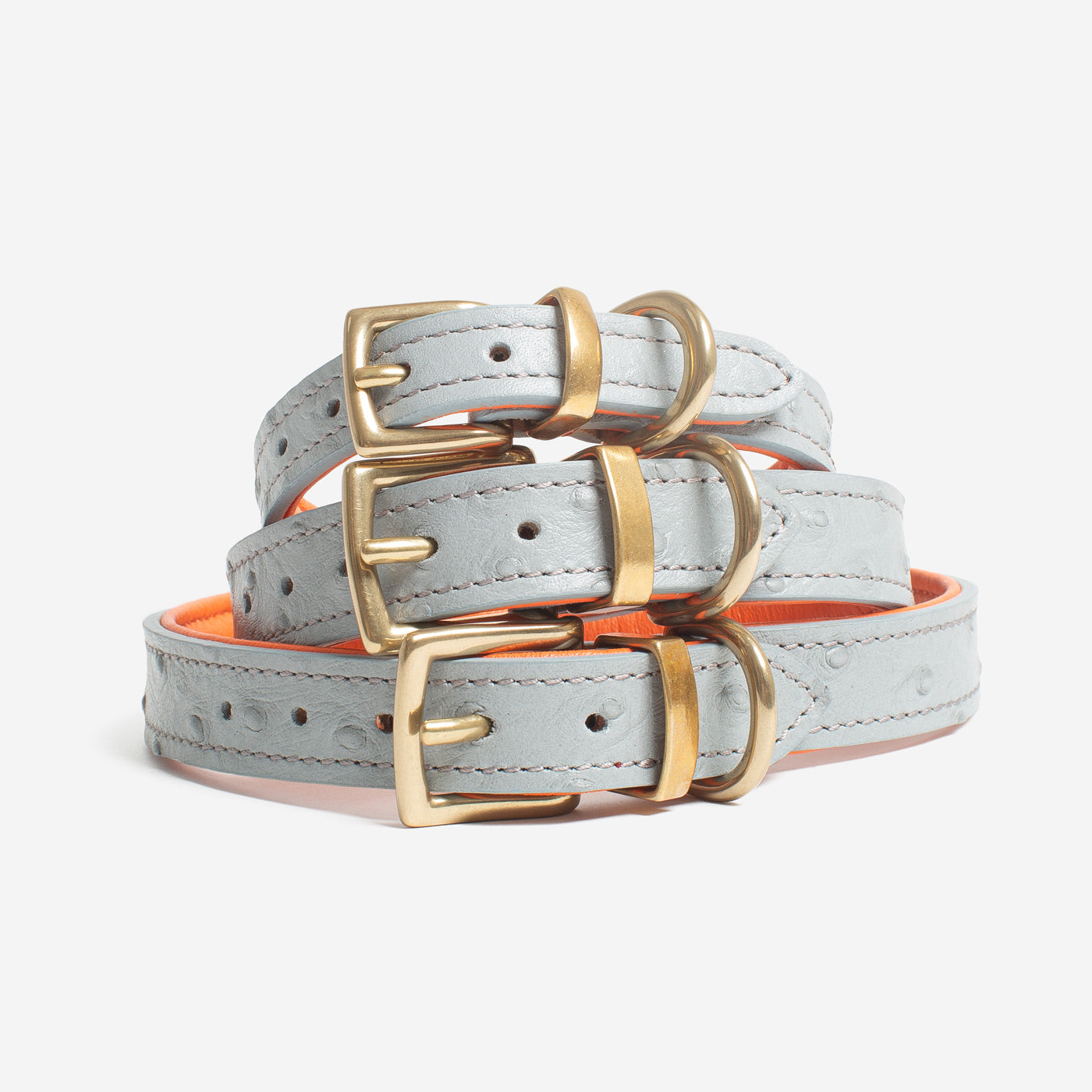 Discover dog walking luxury with our handcrafted Italian real leather, embossed with an Ostrich inspired print for the ultimate luxurious look, Dog Collar in Grey & Orange! The perfect Collar for dogs available now at Lords & Labradors