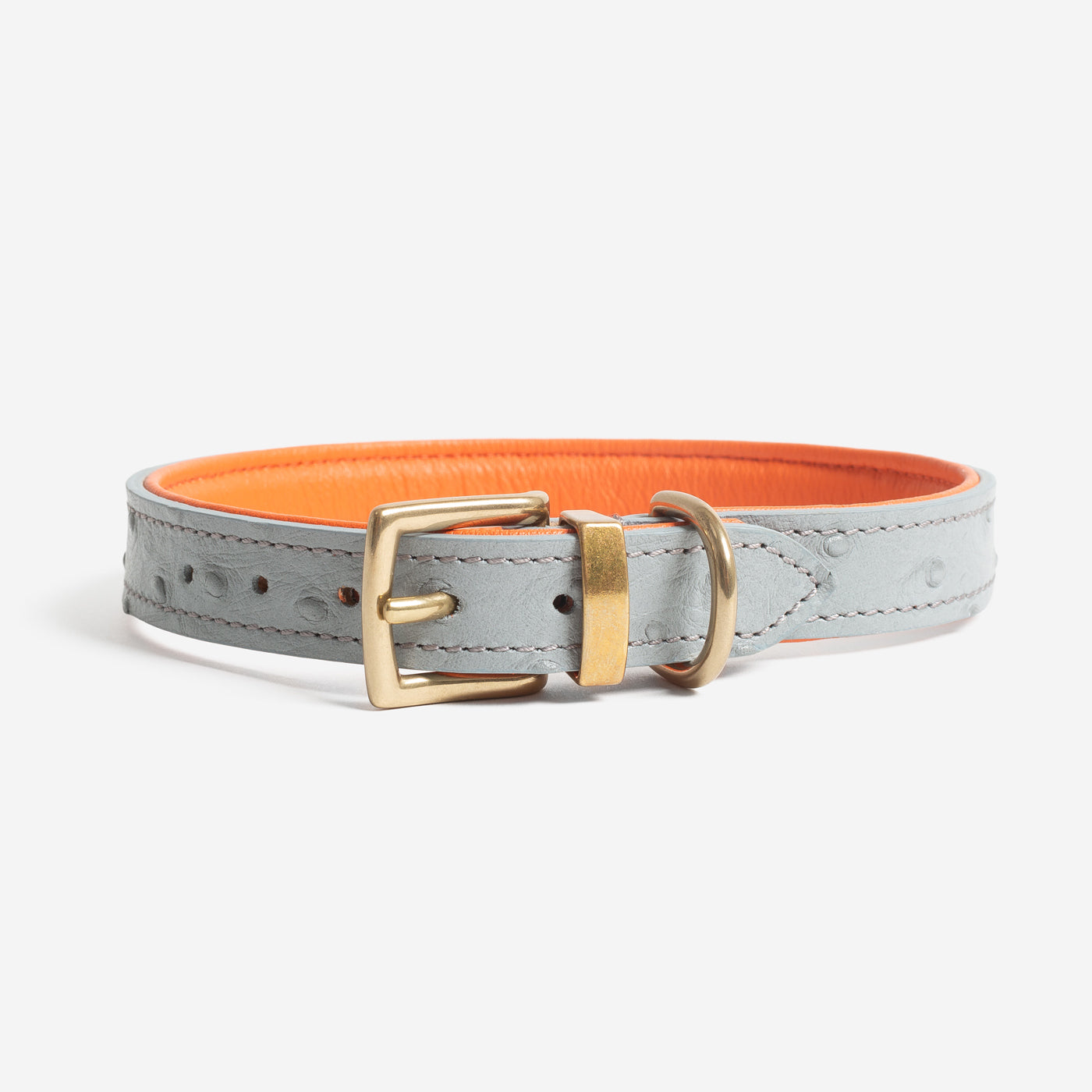 Discover dog walking luxury with our handcrafted Italian real leather, embossed with an Ostrich inspired print for the ultimate luxurious look, Dog Collar in Grey & Orange! The perfect Collar for dogs available now at Lords & Labradors