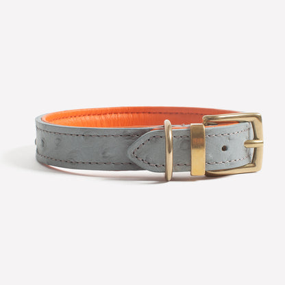 Discover dog walking luxury with our handcrafted Italian real leather, embossed with an Ostrich inspired print for the ultimate luxurious look, Dog Collar in Grey & Orange! The perfect Collar for dogs available now at Lords & Labradors