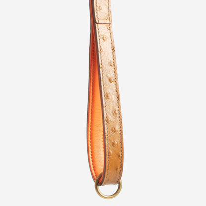 Discover dog walking luxury with our handcrafted Italian Ostrich leather dog Lead in Tan & Orange! The perfect Lead for dogs available now at Lords & Labradors