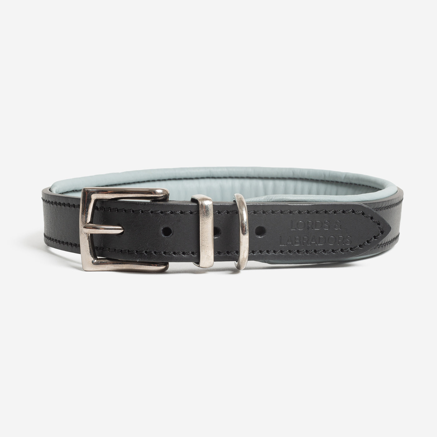 Discover dog walking luxury with our handcrafted Italian padded leather dog collar in Black & Grey! The perfect collar for dogs available now at Lords & Labradors 