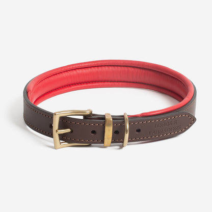 Discover dog walking luxury with our handcrafted Italian padded leather dog collar in Brown & Red! The perfect collar for dogs available now at Lords & Labradors 