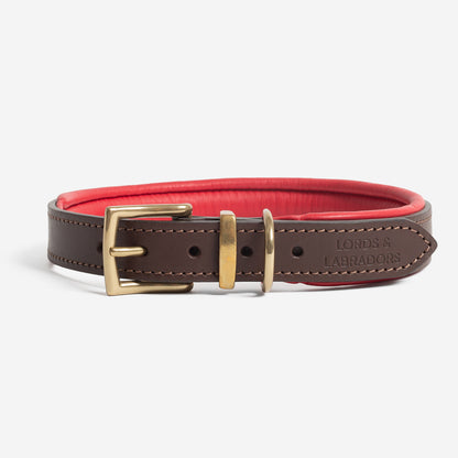 Discover dog walking luxury with our handcrafted Italian padded leather dog collar in Brown & Red! The perfect collar for dogs available now at Lords & Labradors 