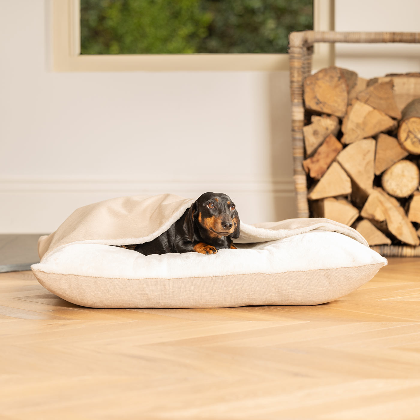 Luxury Savanna Sleepy Burrow, The Perfect bed For a Pet to Burrow. Available To Personalise In Stunning Savanna Oatmeal, Here at Lords & Labradors