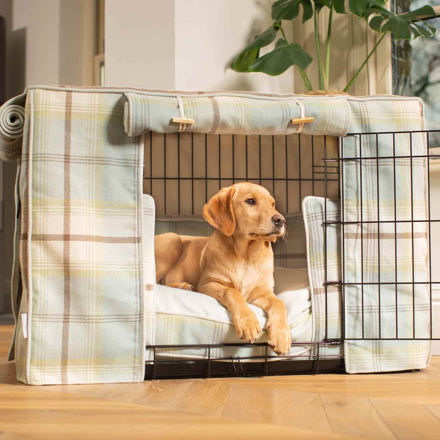 Luxury Heavy Duty Dog Crate, In Stunning Balmoral Duck Egg Tweed Crate Set, The Perfect Dog Crate Set For Building The Ultimate Pet Den! Dog Crate Cover Available To Personalise at Lords & Labradors 