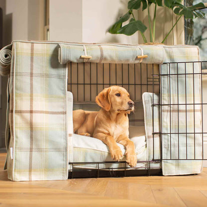 Luxury Heavy Duty Dog Crate, In Stunning Balmoral Duck Egg Tweed Crate Set, The Perfect Dog Crate Set For Building The Ultimate Pet Den! Dog Crate Cover Available To Personalise at Lords & Labradors 