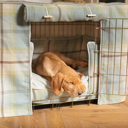 Luxury Heavy Duty Dog Crate, In Stunning Balmoral Duck Egg Tweed Crate Set, The Perfect Dog Crate Set For Building The Ultimate Pet Den! Dog Crate Cover Available To Personalise at Lords & Labradors 