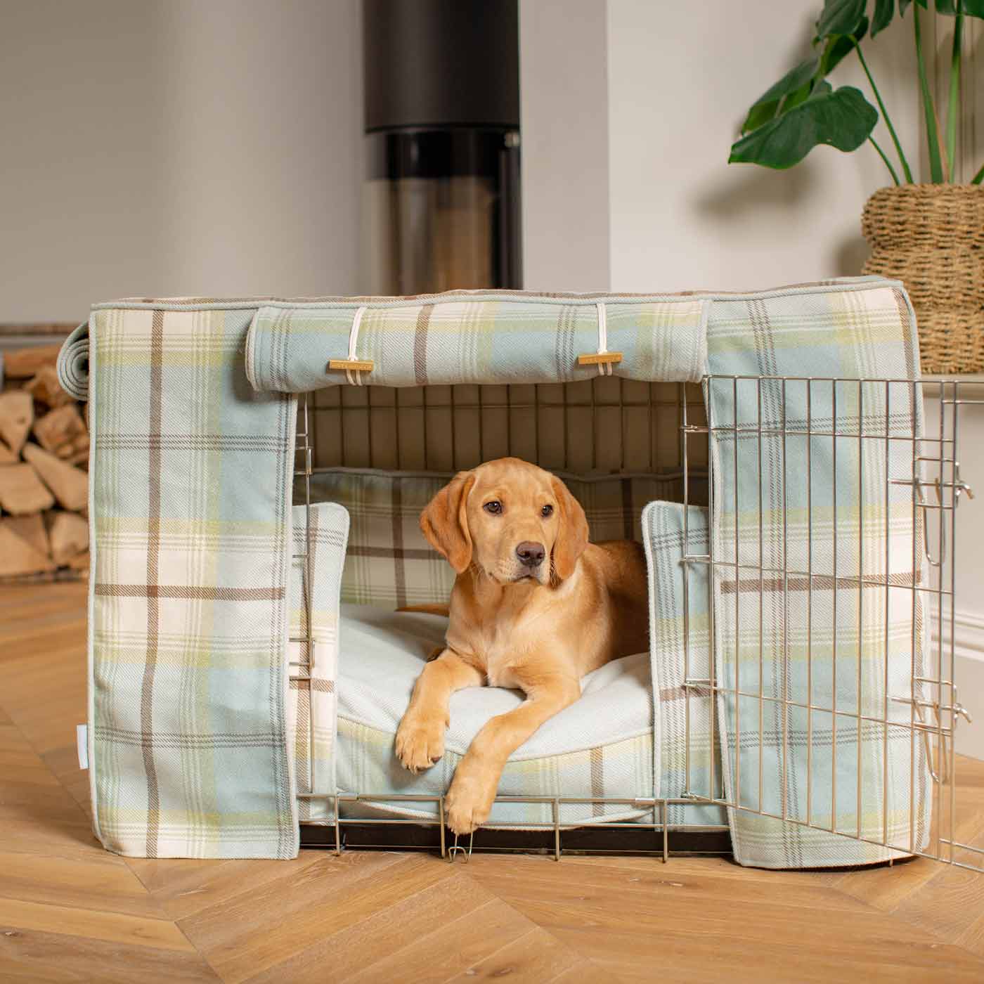 Luxury Heavy Duty Dog Crate, In Stunning Balmoral Duck Egg Tweed Crate Set, The Perfect Dog Crate Set For Building The Ultimate Pet Den! Dog Crate Cover Available To Personalise at Lords & Labradors 