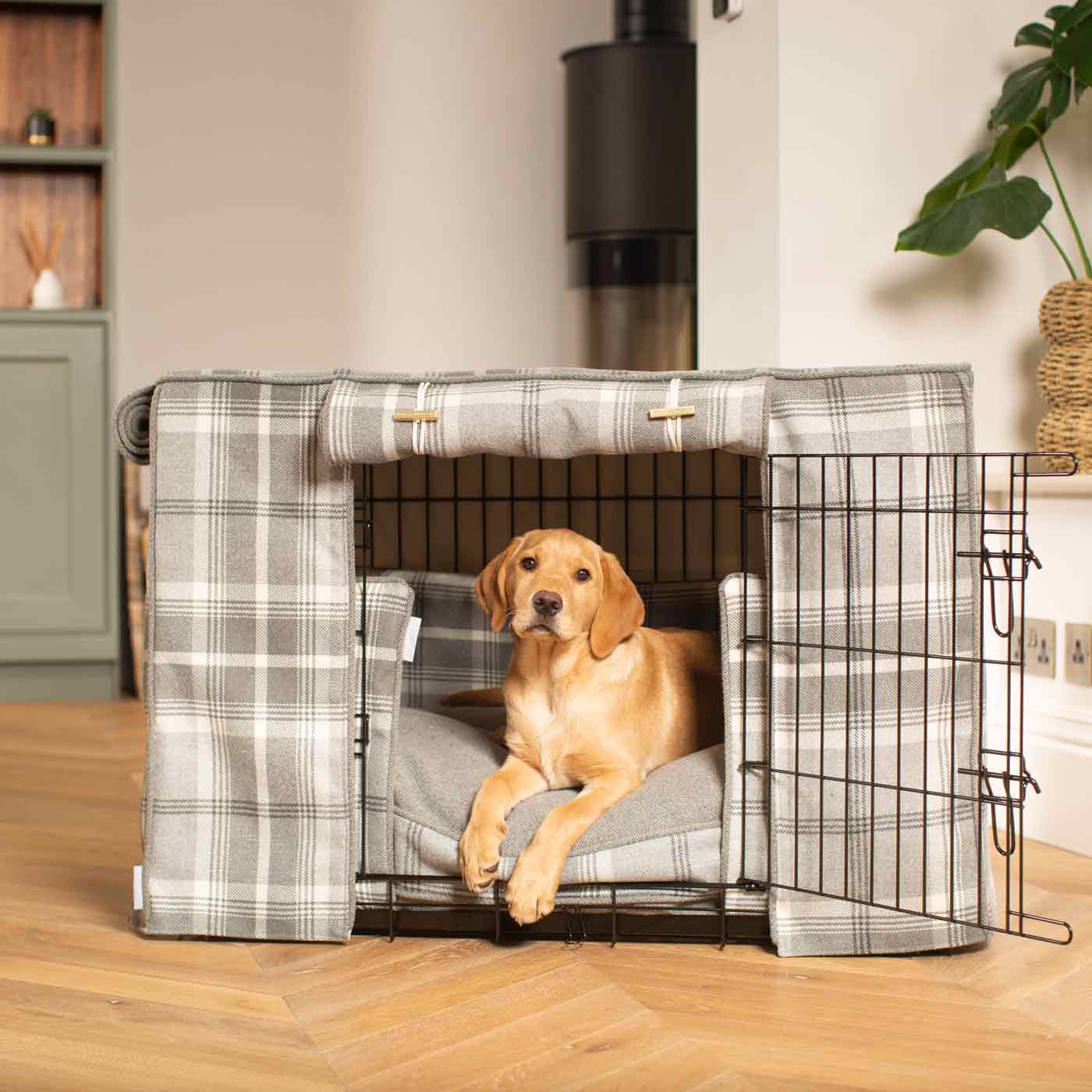 Luxury Heavy Duty Dog Crate, In Stunning Balmoral Dove Grey Tweed Crate Set, The Perfect Dog Crate Set For Building The Ultimate Pet Den! Dog Crate Cover Available To Personalise at Lords & Labradors 