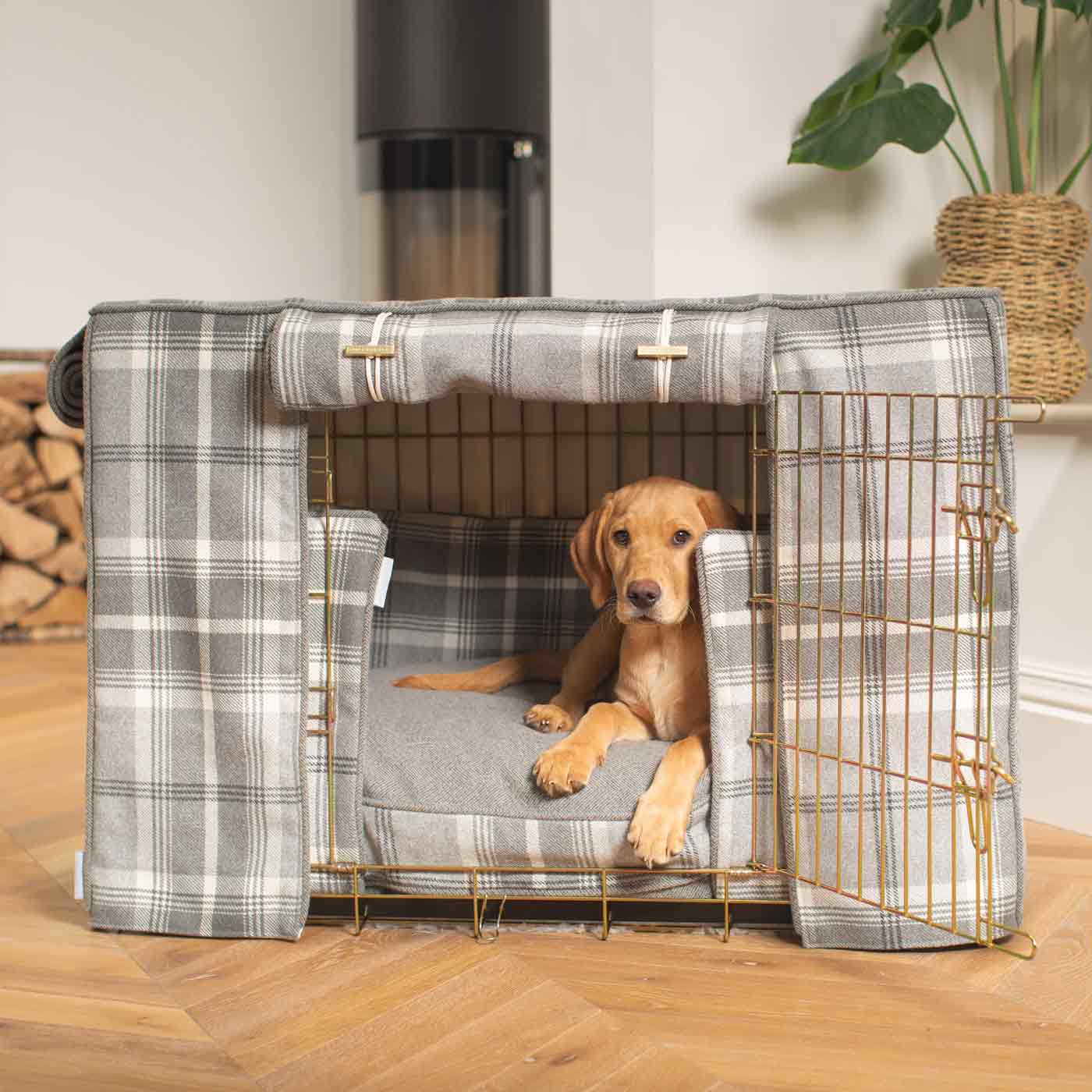 Luxury Heavy Duty Dog Crate, In Stunning Balmoral Dove Grey Tweed Crate Set, The Perfect Dog Crate Set For Building The Ultimate Pet Den! Dog Crate Cover Available To Personalise at Lords & Labradors 