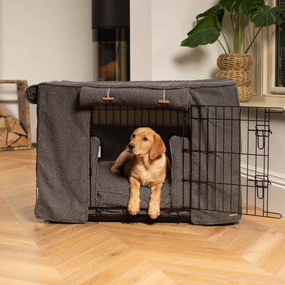 Luxury Heavy Duty Dog Crate, In Stunning Granite Bouclé Crate Set, The Perfect Dog Crate Set For Building The Ultimate Pet Den! Dog Crate Cover Available To Personalise at Lords & Labradors