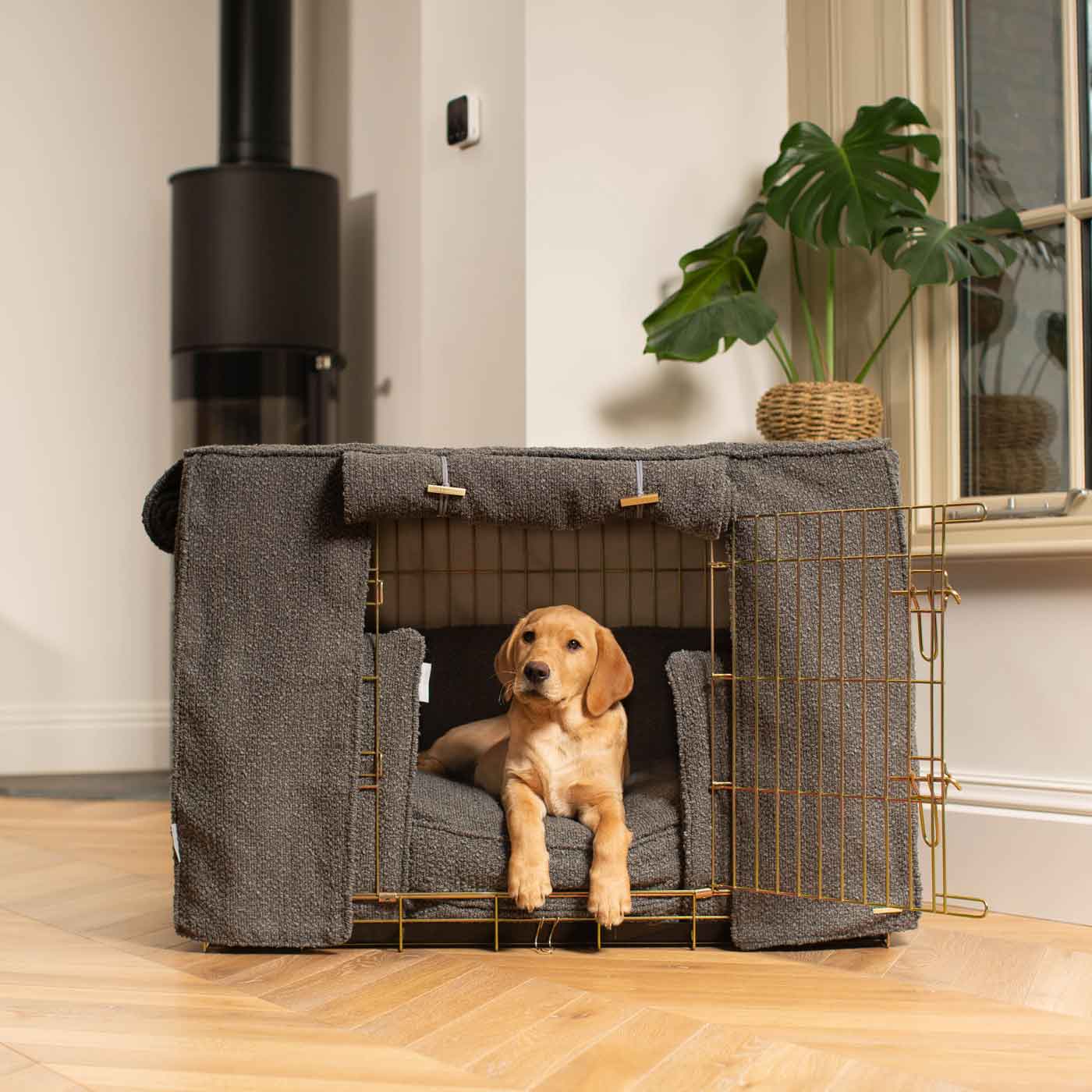 Luxury Heavy Duty Dog Crate, In Stunning Granite Bouclé Crate Set, The Perfect Dog Crate Set For Building The Ultimate Pet Den! Dog Crate Cover Available To Personalise at Lords & Labradors