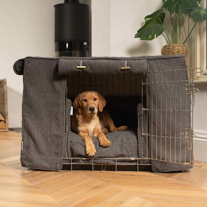 Luxury Heavy Duty Dog Crate, In Stunning Granite Bouclé Crate Set, The Perfect Dog Crate Set For Building The Ultimate Pet Den! Dog Crate Cover Available To Personalise at Lords & Labradors