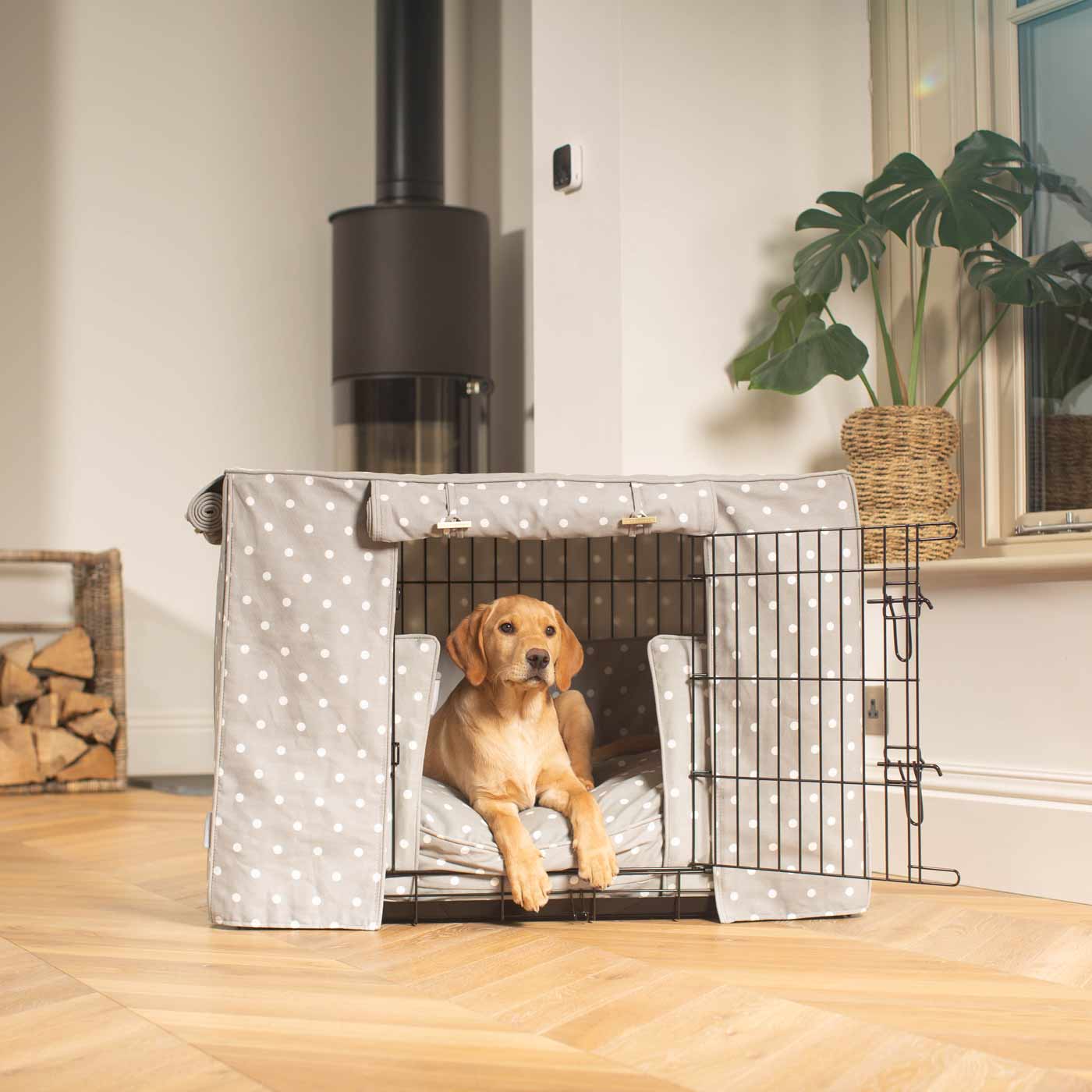 Luxury Heavy Duty Dog Crate, In Stunning Grey Spot Crate Set, The Perfect Dog Crate Set For Building The Ultimate Pet Den! Dog Crate Cover Available To Personalise at Lords & Labradors