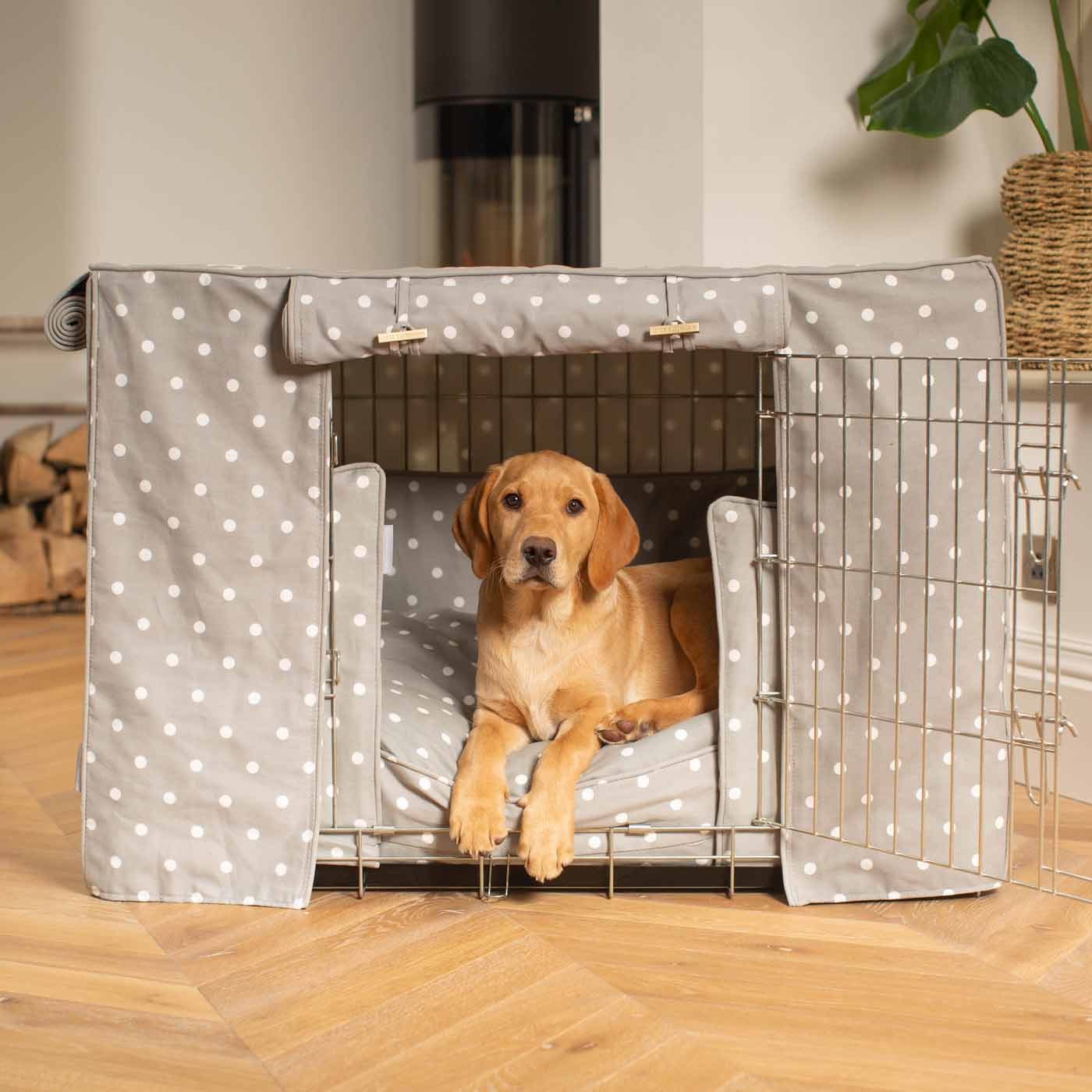 Luxury Heavy Duty Dog Crate, In Stunning Grey Spot Crate Set, The Perfect Dog Crate Set For Building The Ultimate Pet Den! Dog Crate Cover Available To Personalise at Lords & Labradors