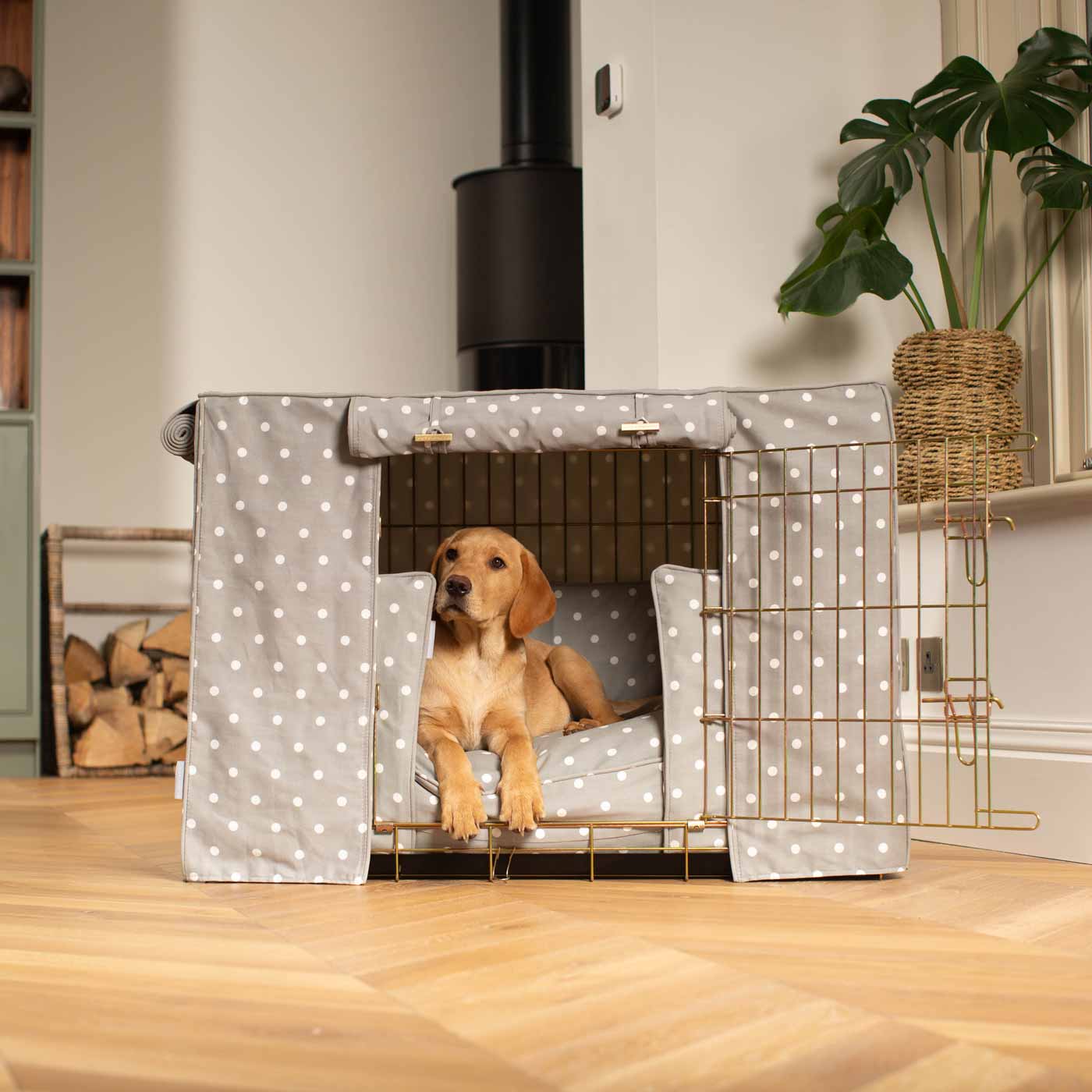 Luxury Heavy Duty Dog Crate, In Stunning Grey Spot Crate Set, The Perfect Dog Crate Set For Building The Ultimate Pet Den! Dog Crate Cover Available To Personalise at Lords & Labradors