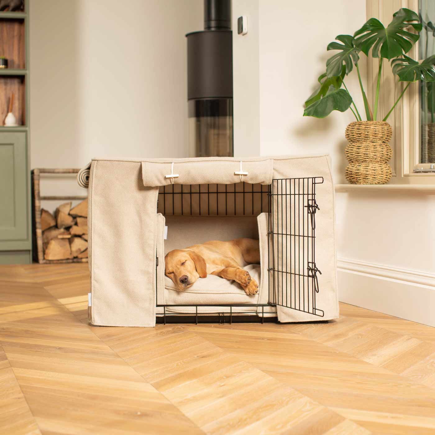 Luxury Heavy Duty Dog Crate, In Stunning Natural Herringbone Tweed Crate Set, The Perfect Dog Crate Set For Building The Ultimate Pet Den! Dog Crate Cover Available To Personalise at Lords & Labradors