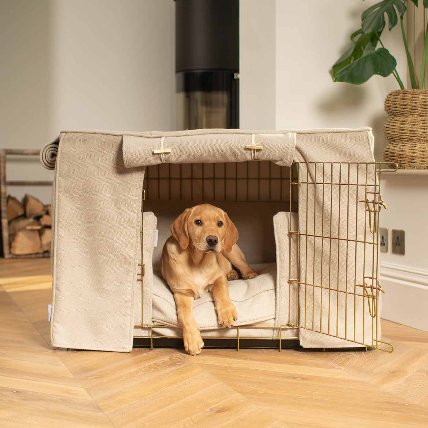 Luxury Heavy Duty Dog Crate, In Stunning Natural Herringbone Tweed Crate Set, The Perfect Dog Crate Set For Building The Ultimate Pet Den! Dog Crate Cover Available To Personalise at Lords & Labradors