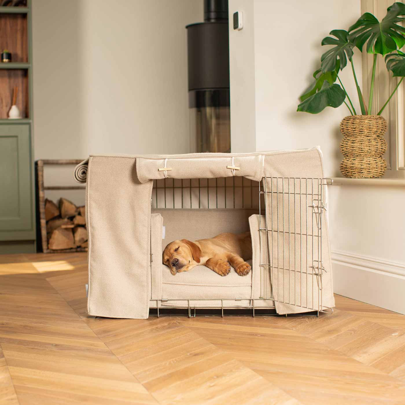 Luxury Heavy Duty Dog Crate, In Stunning Natural Herringbone Tweed Crate Set, The Perfect Dog Crate Set For Building The Ultimate Pet Den! Dog Crate Cover Available To Personalise at Lords & Labradors