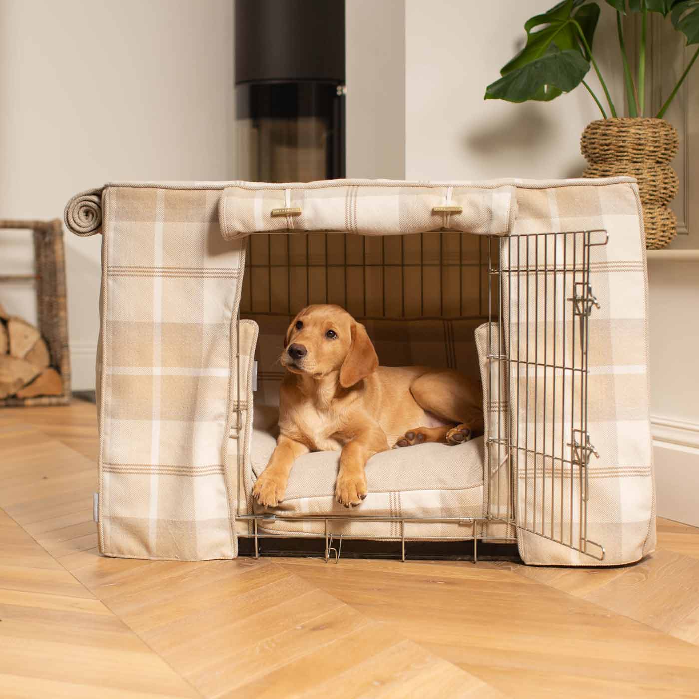 Luxury Heavy Duty Dog Crate, In Stunning Balmoral Natural Tweed Crate Set, The Perfect Dog Crate Set For Building The Ultimate Pet Den! Dog Crate Cover Available To Personalise at Lords & Labradors 