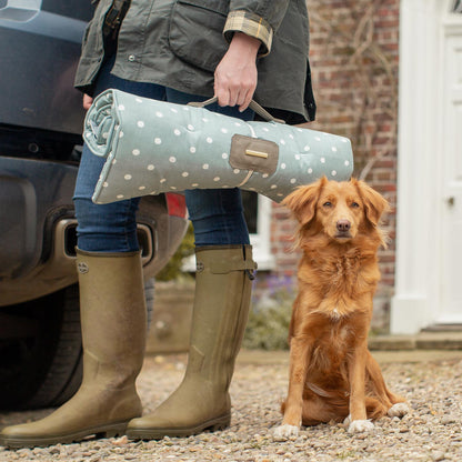 Embark on the perfect pet travel with our luxury Travel Mat in Essentials Duck Egg Spot. Featuring a Carry handle for on the move once Rolled up for easy storage, can be used as a seat cover, boot mat or travel bed! Available now at Lords & Labradors